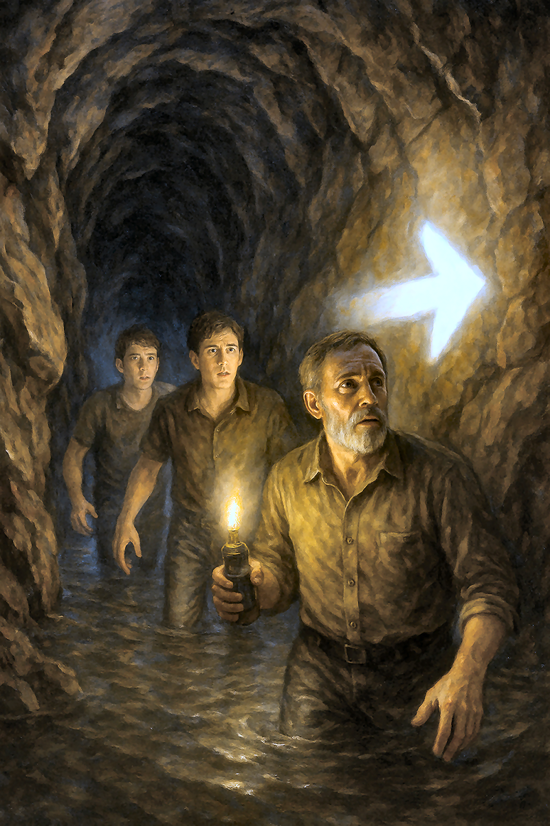 Three men lost in a cave see the arrow and the way out.
